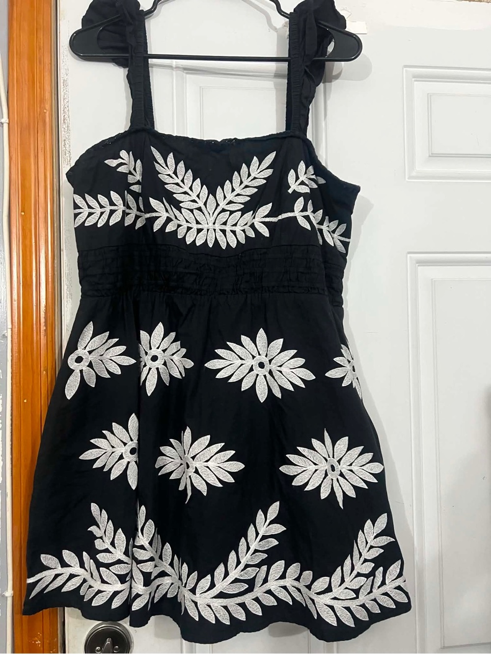 Anthropologie Black Mini Dress with White Leaf Embroidery